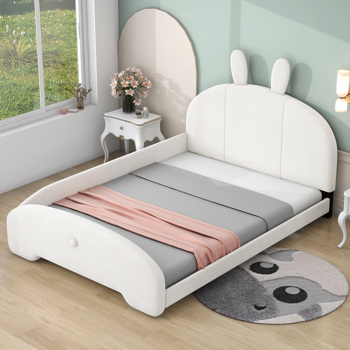 Full Size Upholstered Platform Bed with Cartoon Ears Shaped Headboard, White