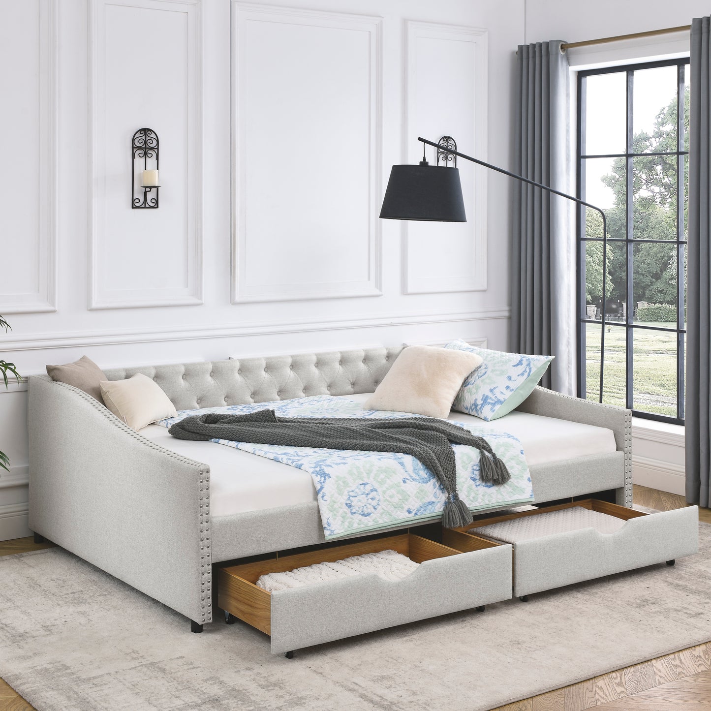 Queen Size Upholstered Tufted Daybed with Drawers, Button on Back and Copper Nail on Waved Shape Arms, Beige