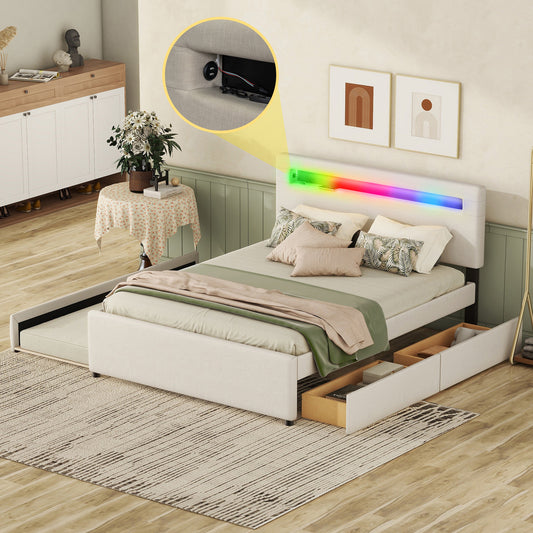 Queen Size Upholstered Storage Platform Bed with Twin Size Trundle, 2 Drawers, LED and USB Charging, Beige
