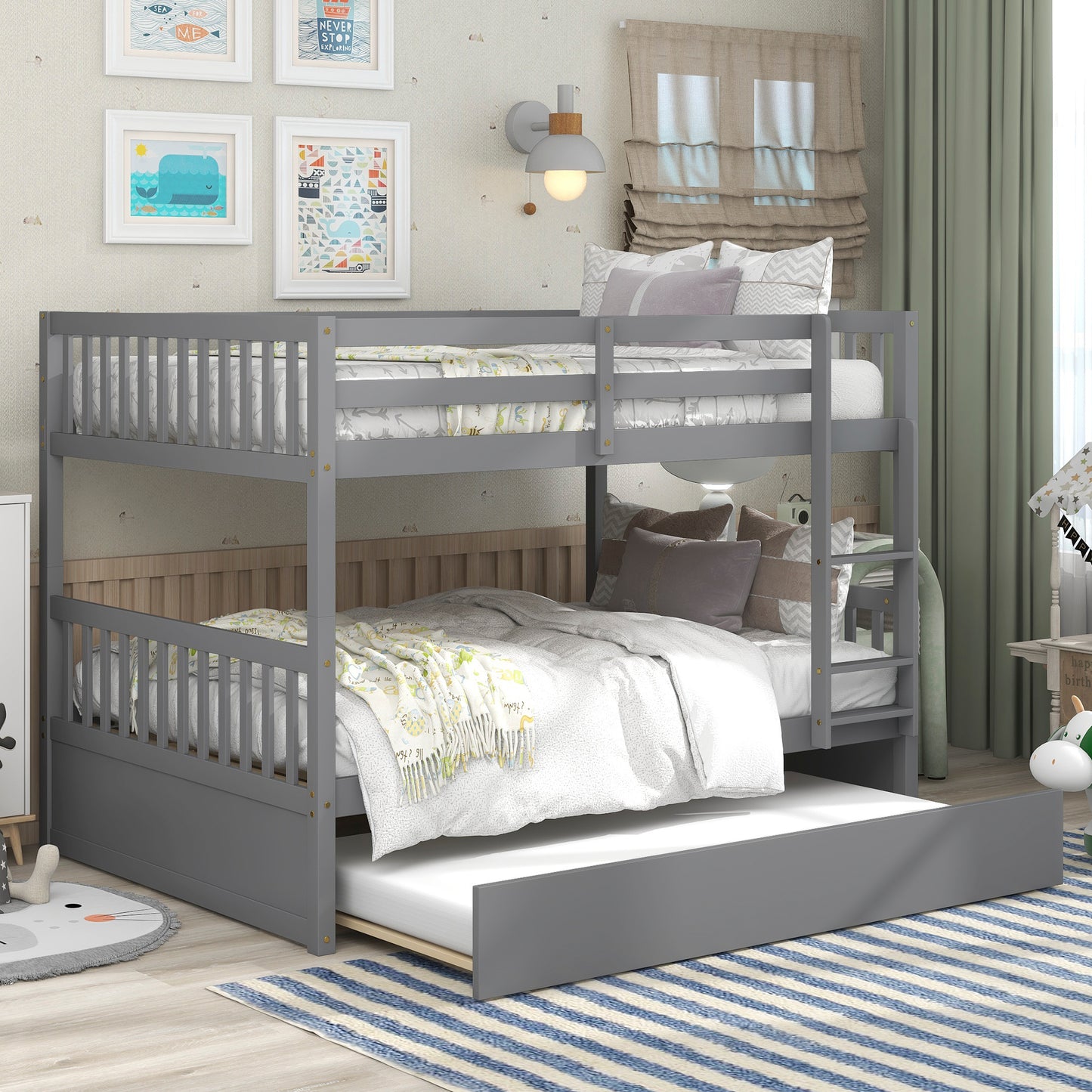 Full Over Full Bunk Bed with Trundle, Convertible to 2 Full Size Platform Bed, Full Size Bunk Bed with Ladder and Safety Rails for Kids, Teens, Adults,Grey