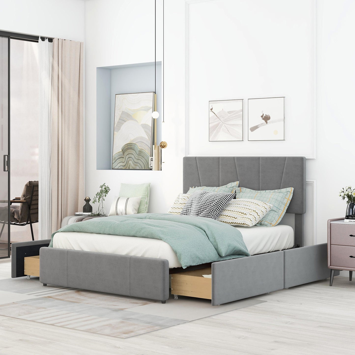 Full Size Upholstery Platform Bed with Four Drawers on Two Sides, Adjustable Headboard, Grey