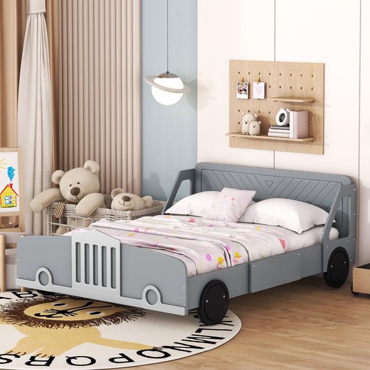 Full Size Car-Shaped Platform Bed with Wheels,Gray