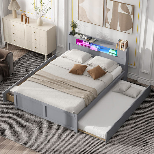 Queen Size Wood Storage Platform Bed with LED, 2 Drawers and 1 Twin Size Trundle, Gray