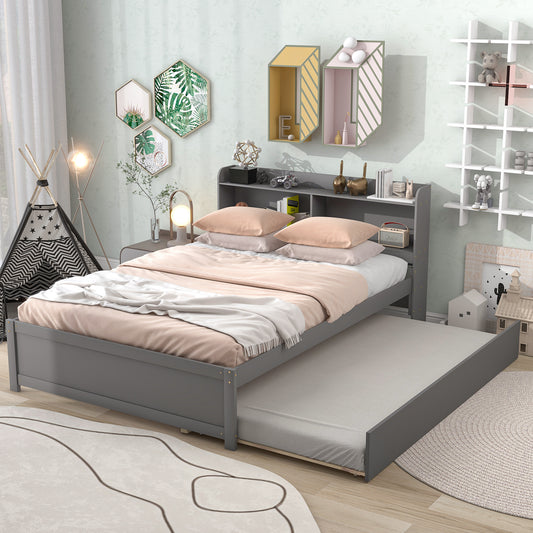 Full Platform Bed with Trundle, Bookcase, Grey