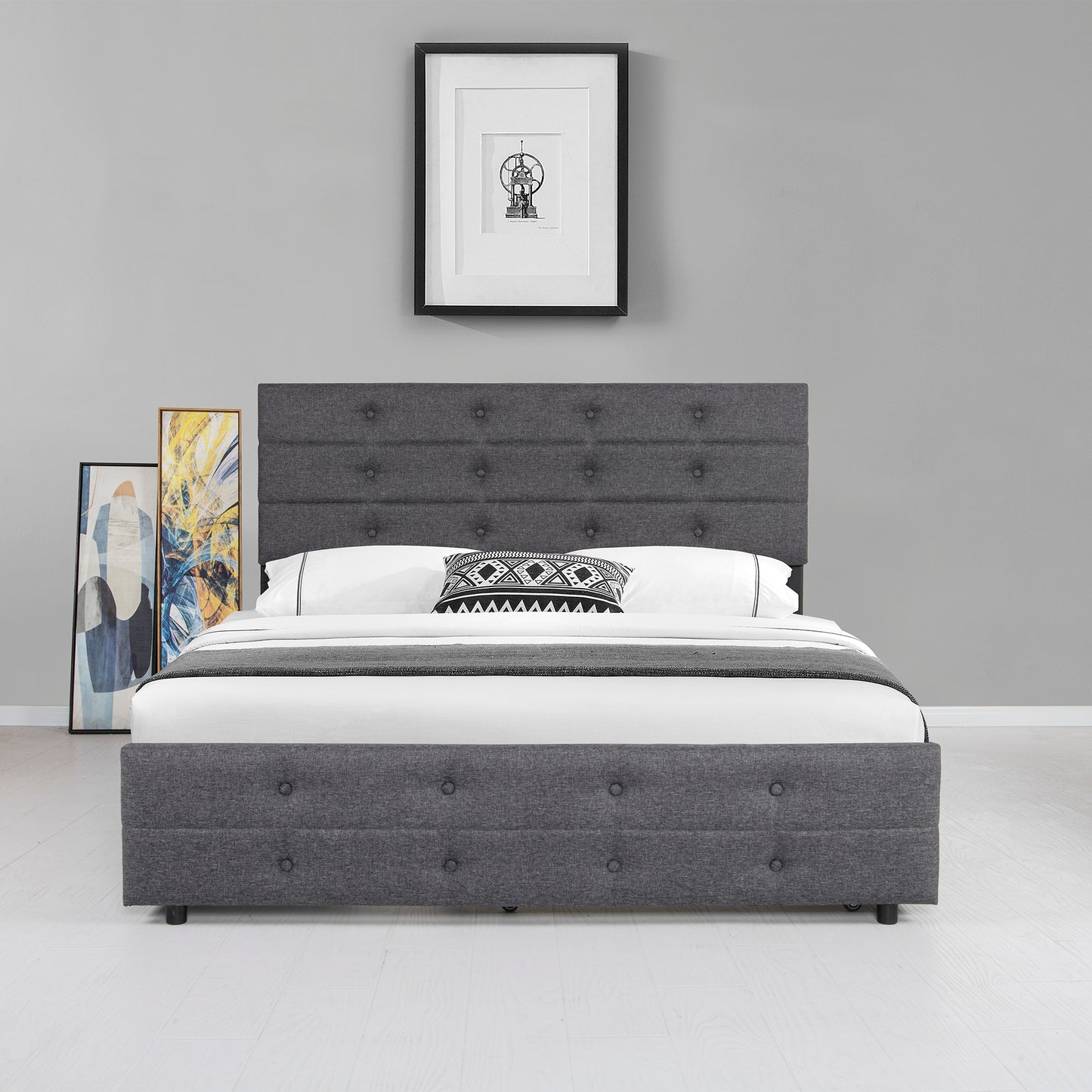 Queen Size Upholstered Platform Bed with Trundle and 2 drawers, Grey