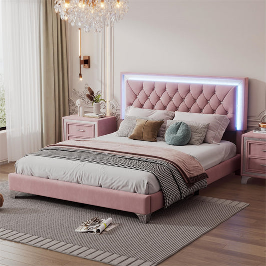 Queen Size Upholstered Bed Frame with LED Lights,Modern Velvet Platform Bed with Crystal Tufted Headboard,Pink