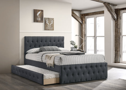 Twin Size Platform Bed with Trundle - Charcoal Burlap Upholstered Button Tufted Headboard & Footboard