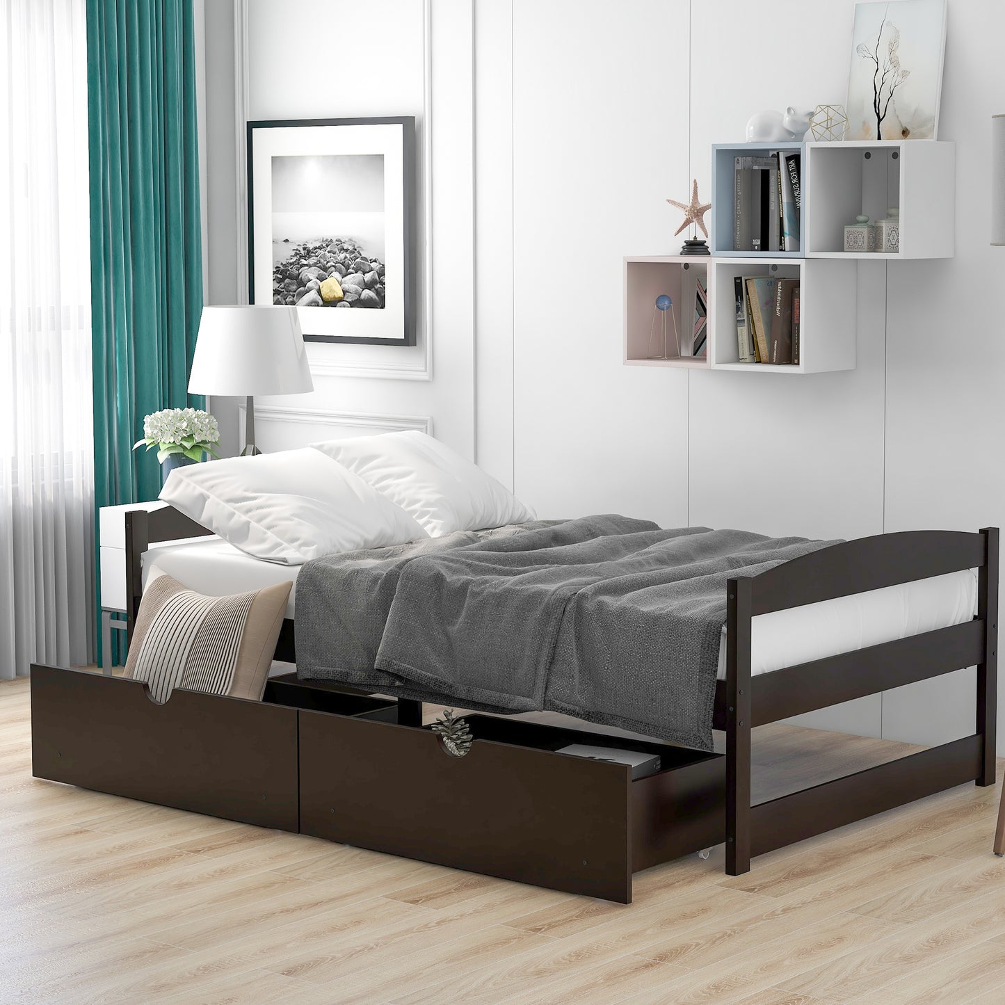 Twin size platform bed, with two drawers, espresso