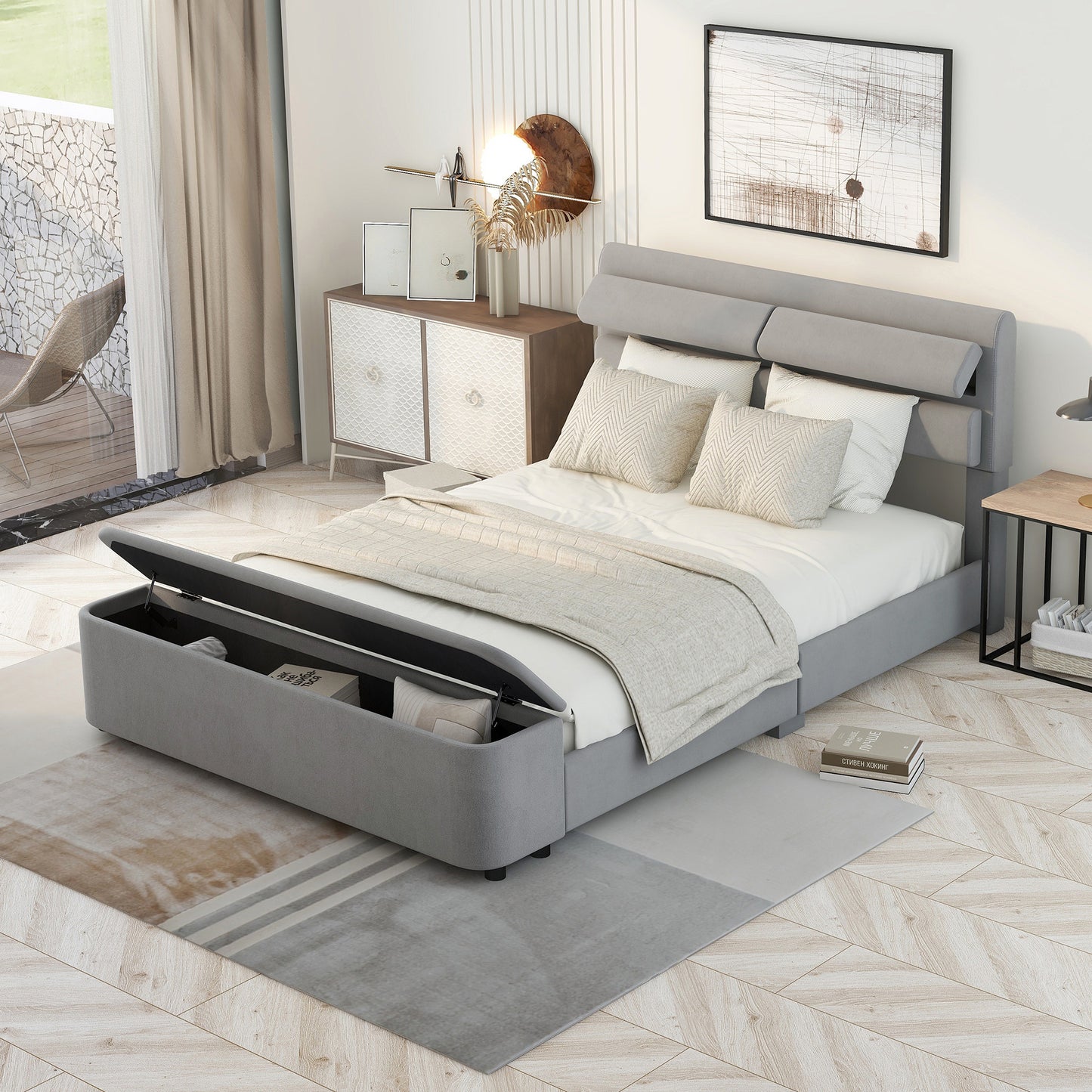 Full Size Upholstery Platform Bed with Storage Headboard and Footboard,Support Legs,Grey