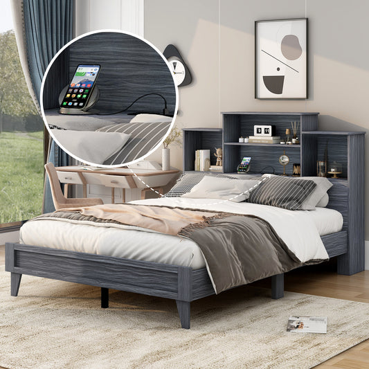 Queen Size Storage Platform Bed Frame with 4 Open Storage Shelves and USB Charging Design,Gray