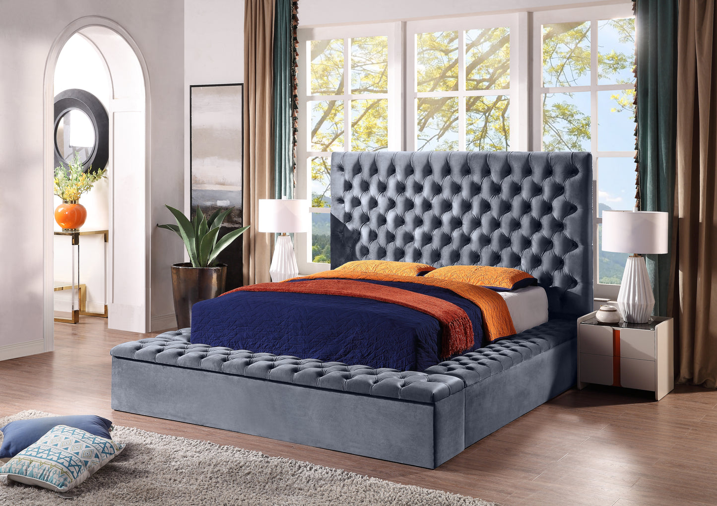 Queen Size Velvet Upholstered Platform Bed with Storage Locker, Deep Button Tufting, Solid Wood Frame, High-density Foam