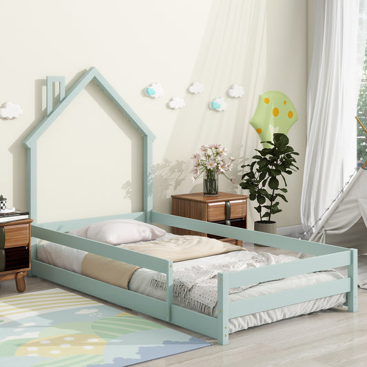Twin Size Wood Platform bed with House-shaped Headboard Floor bed with Fences, Light Green