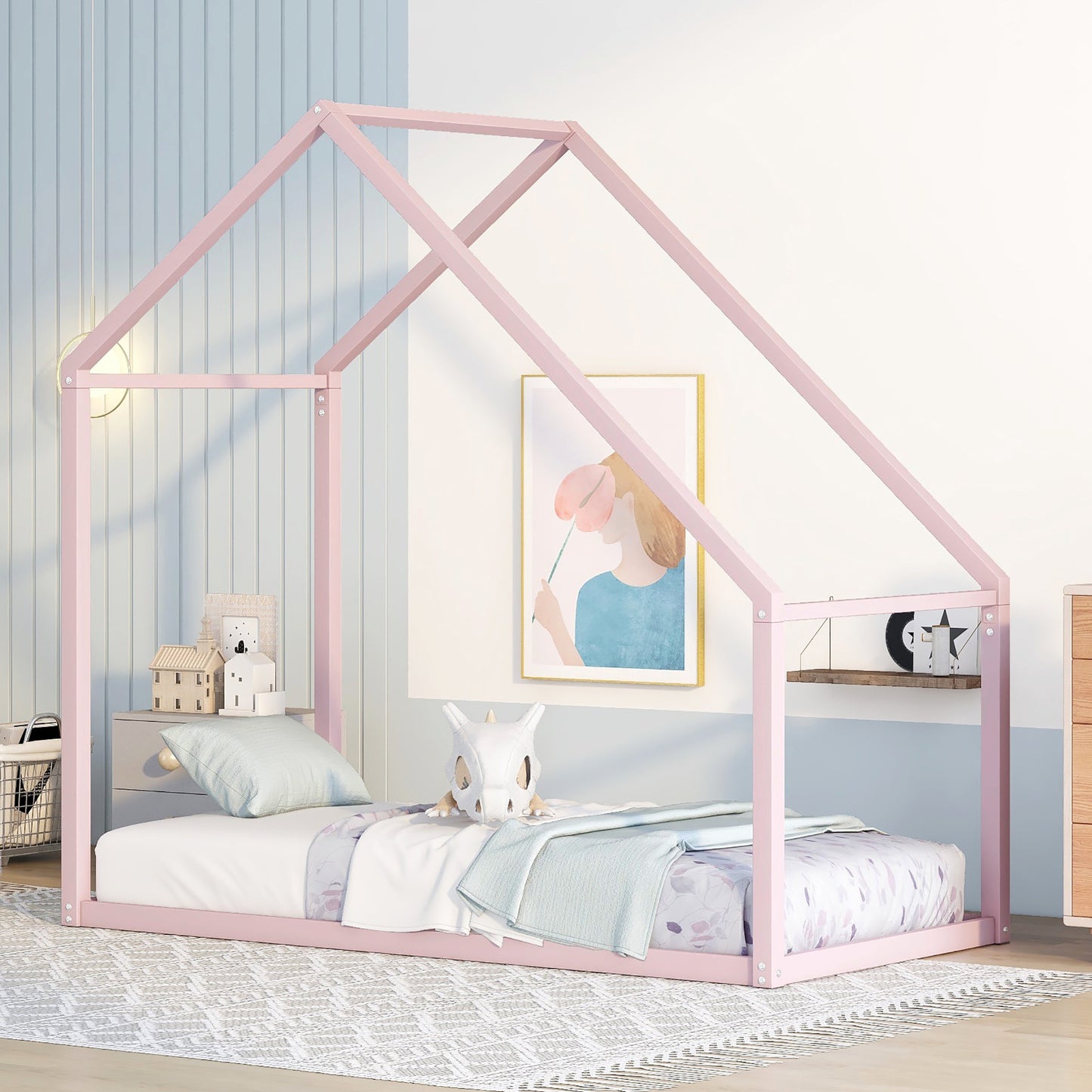 Twin Size Metal House Platform Bed, Pink
