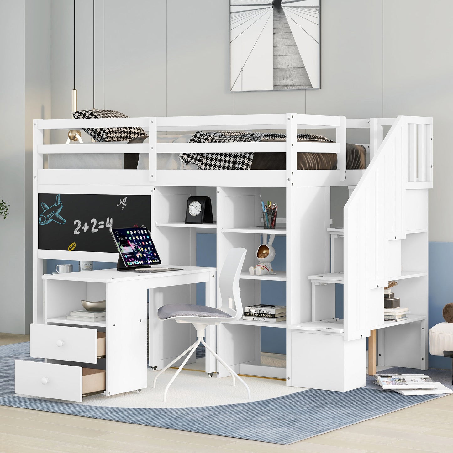 Twin Size Loft Bed with Pullable Desk and Storage Shelves,Staircase and Blackboard,White
