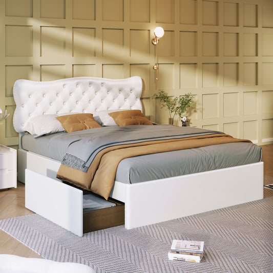 Full Size Bed Frame with 4 Storage Drawers,Leather Upholstered Platform Heavy Duty Bed,Wood Slat Support,White