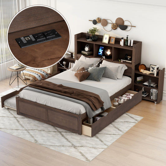 Full Size Storage Platform Bed with Pull Out Shelves, Twin Size Trundle and 2 Drawers, Espresso