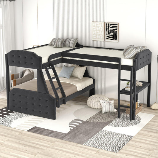 L-Shaped Twin over Full Bunk Bed and Twin Sie Loft Bed with Desk,Black