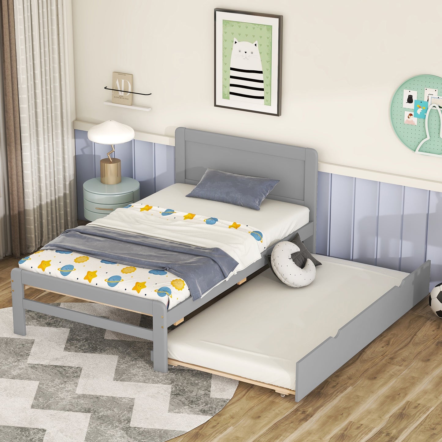 Modern Design Twin Size Platform Bed Frame with Trundle for Grey Color