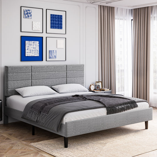 Molblly Queen Size Platform Bed Frame with Upholstered Headboard, Strong Frame, and Wooden Slats Support, Non-Slip and Noise-Free, No Box Spring Needed, Easy Assembly, Light Grey