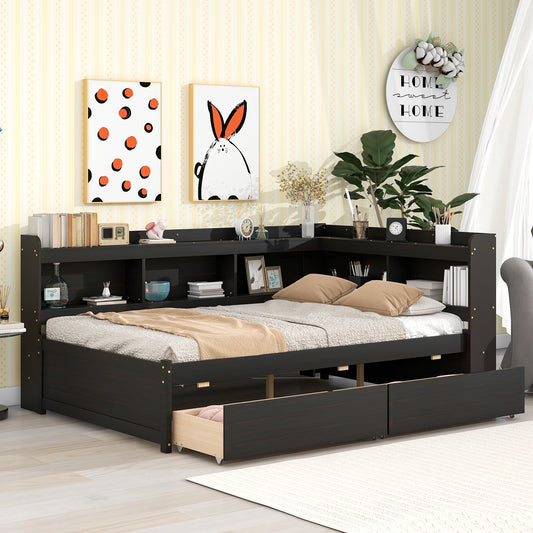 Full Platform Bed with L-shaped Bookcases, Drawers, Espresso