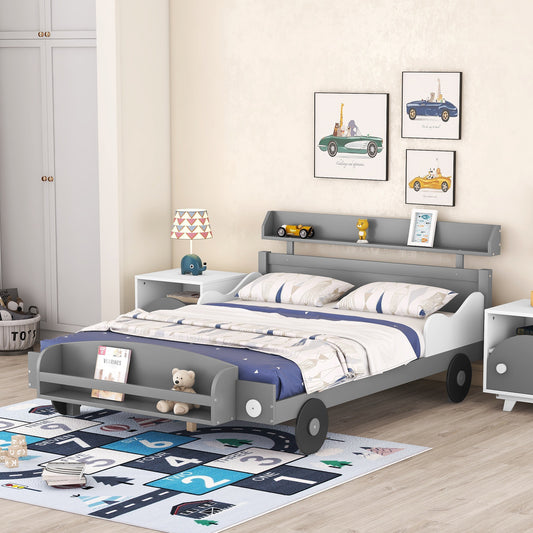 Full Size Car-Shaped Platform Bed,Full Bed with Storage Shelf for Bedroom,Gray