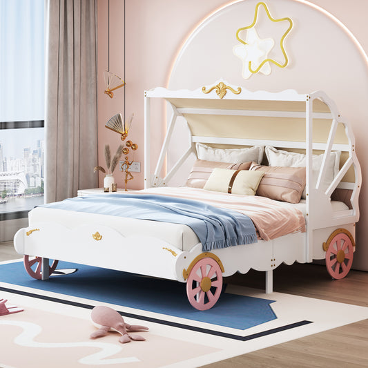 Full Size Princess Carriage Bed with Canopy, Wood Platform Car Bed with 3D Carving Pattern, White+Pink+Gold