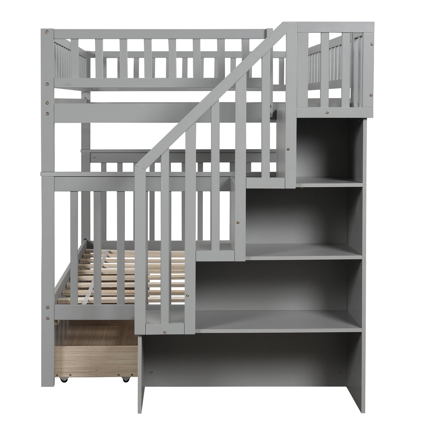 Full over Full Gray Pinewood Bunk Bed with Staircase, Two Drawers and Storage Space-Bunk Bed-HomeDaybed