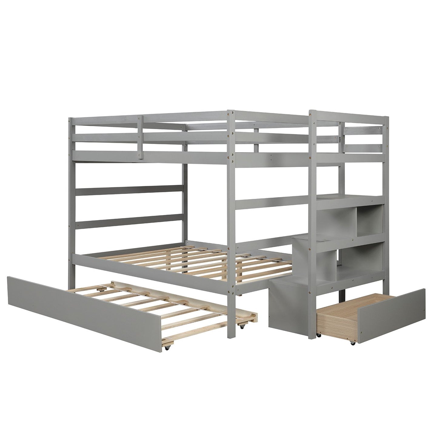 Full over Full Gray Pinewood Bunk Bed with Twin Trundle, Staircase and Storage-Bunk Bed-HomeDaybed