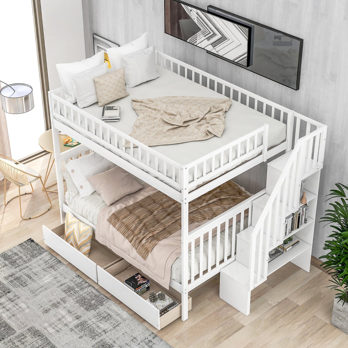 Full over Full White Pinewood Bunk Bed with Staircase, Two Drawers and Storage Space-Bunk Bed-HomeDaybed