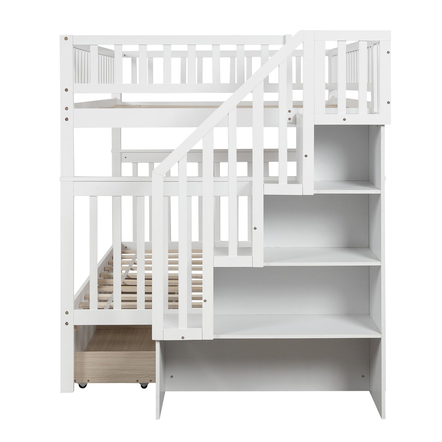 Full over Full White Pinewood Bunk Bed with Staircase, Two Drawers and Storage Space-Bunk Bed-HomeDaybed