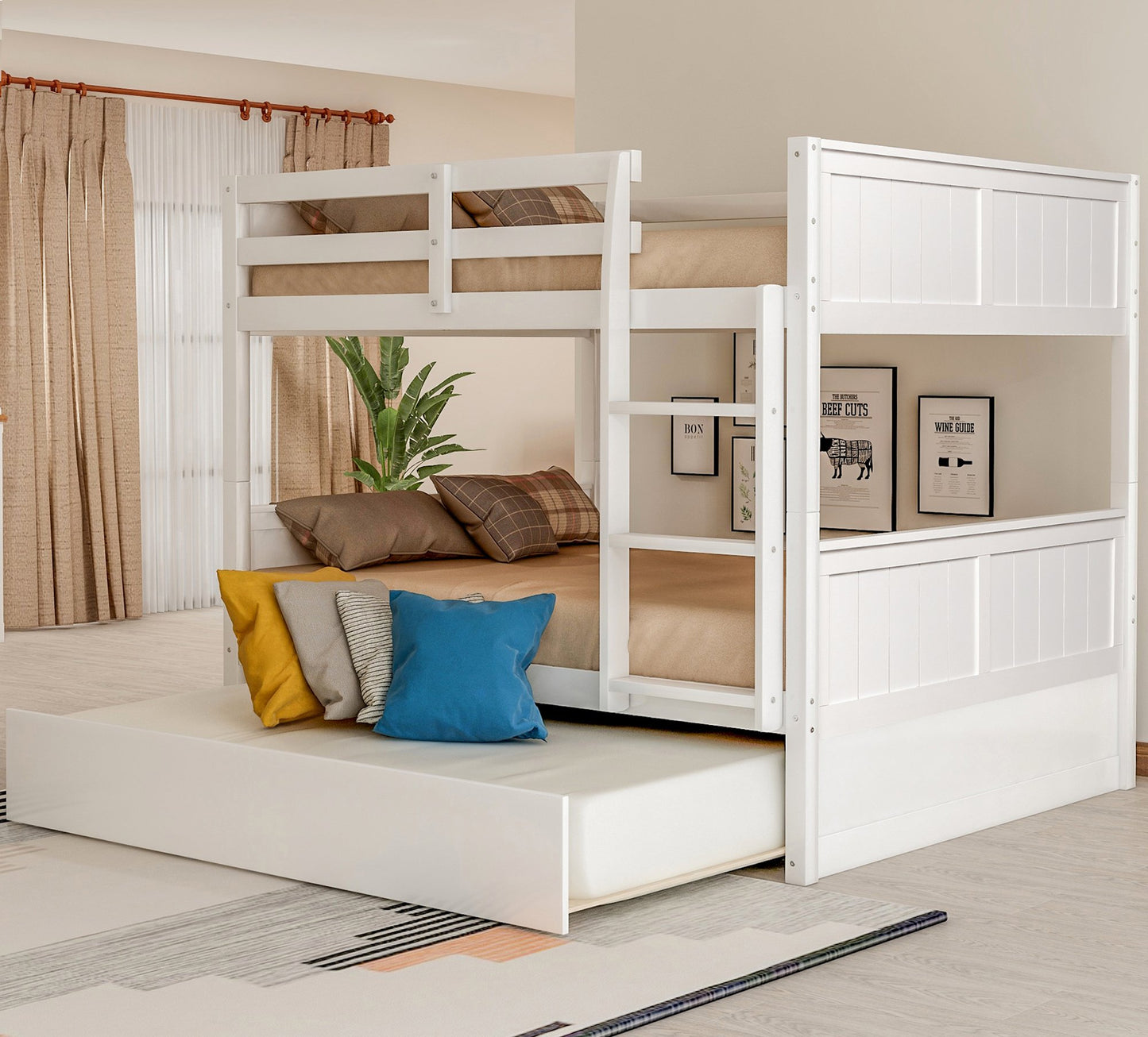 Full Over Full White Pinewood Bunk Bed with Twin Trundle-Bunk Bed-HomeDaybed