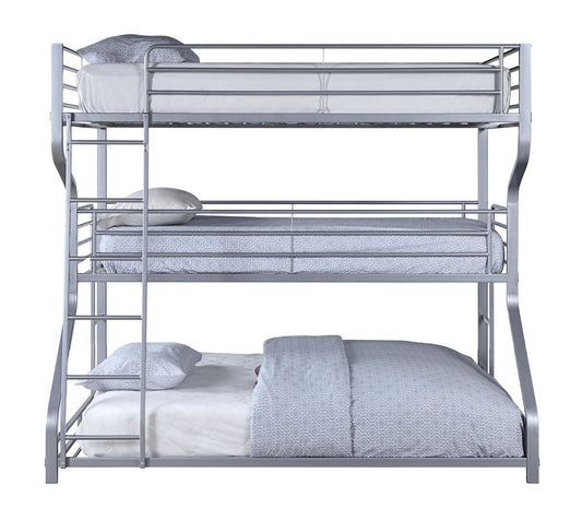 Full over Twin over Queen Size Silver Color Metal ACME Caius II Triple Bunk Bed-Bunk Bed-HomeDaybed