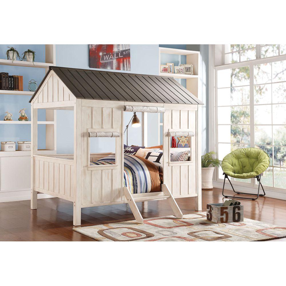 Full Size ACME Spring Cottage Treehouse Bed in Weathered White Wood with Washed Gray Roof-House bed-HomeDaybed