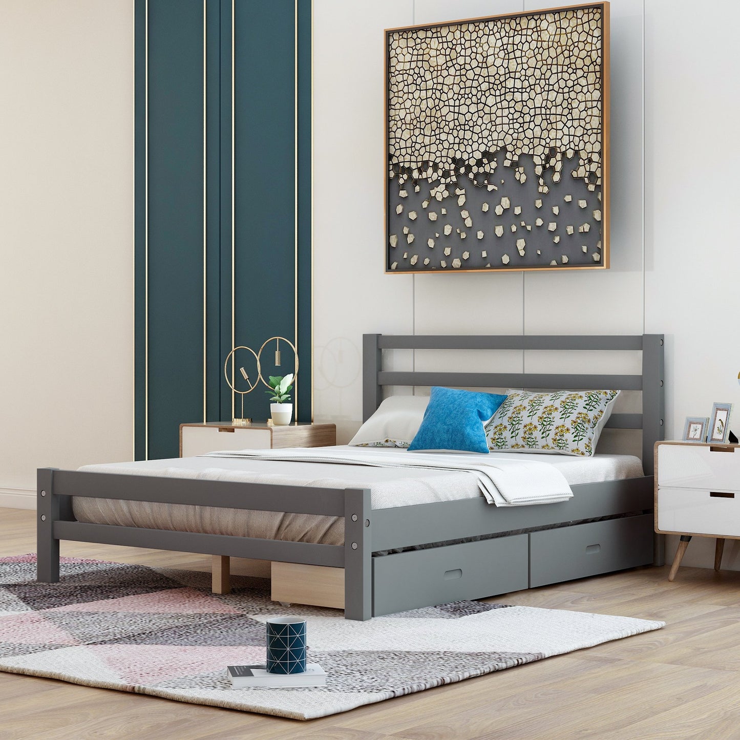 Full Size Gray Wood Platform Bed with Two Drawers-Platform Bed-HomeDaybed