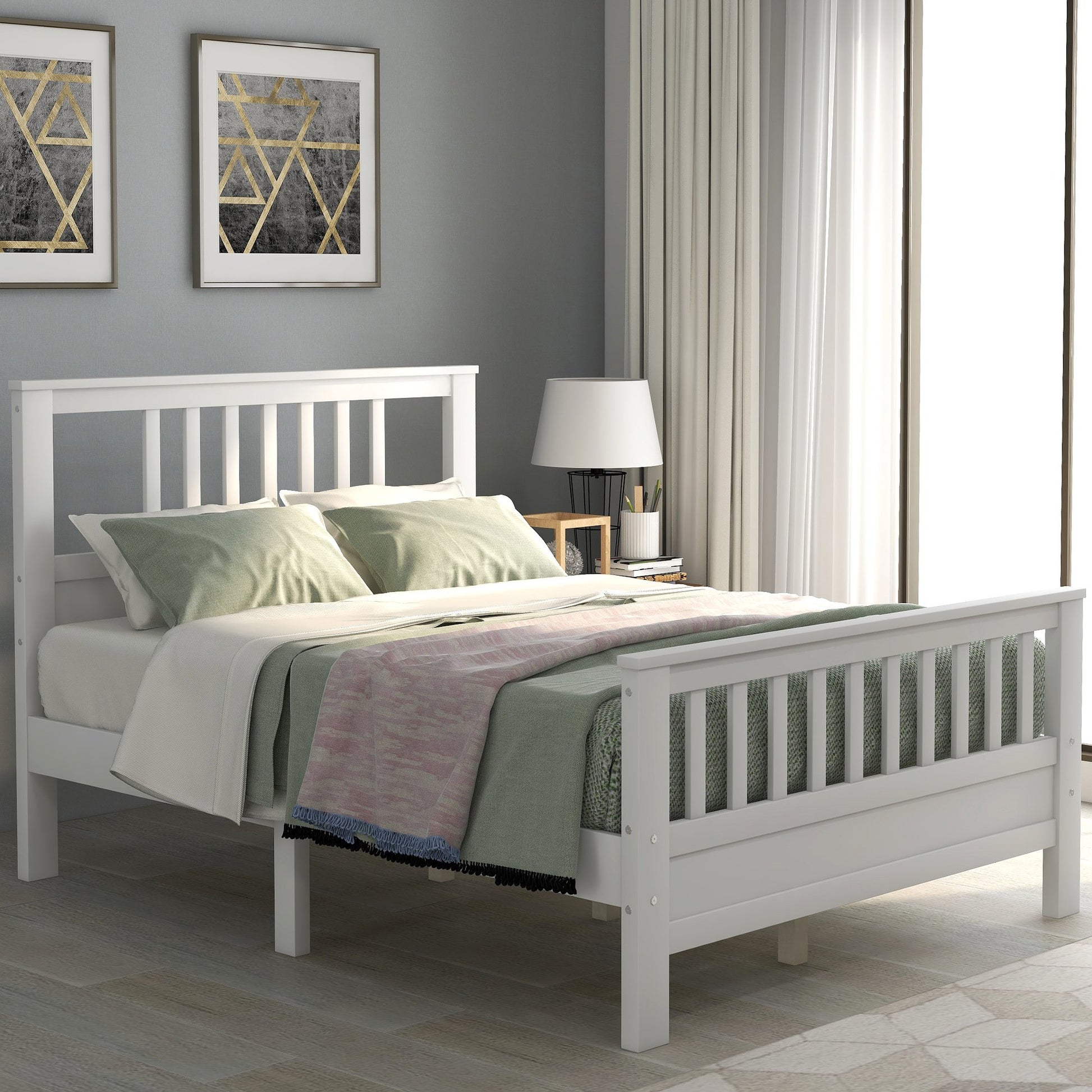 Full Size White Wood Platform Bed with Slatted Headboard and Footboard-Platform Bed-HomeDaybed