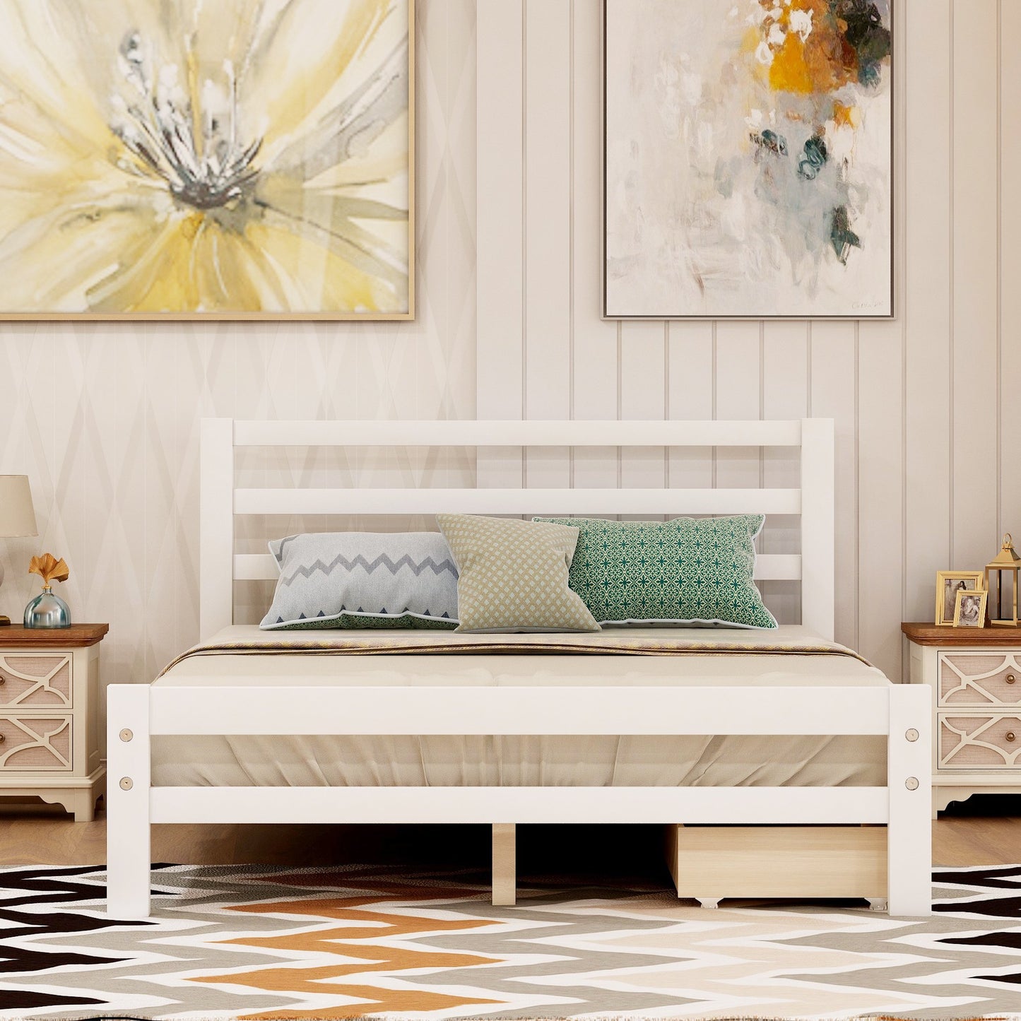 Full Size White Wood Platform Bed with Two Drawers-Platform Bed-HomeDaybed