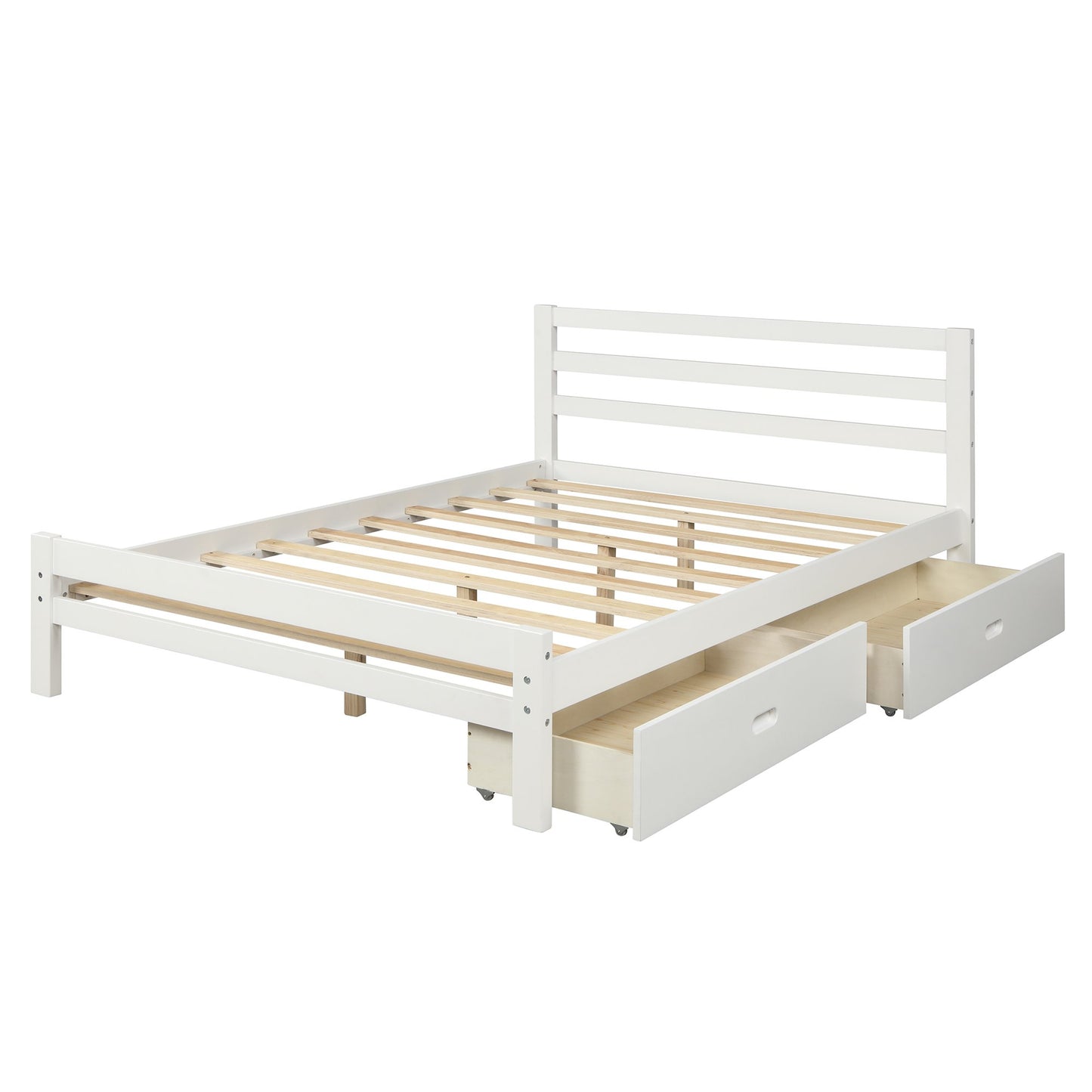 Full Size White Wood Platform Bed with Two Drawers-Platform Bed-HomeDaybed