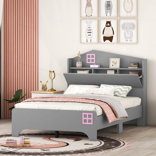 Wooden Twin Size House Platform Bed with Storage Headboard ,Kids Bed with Storage Shelf,Grey