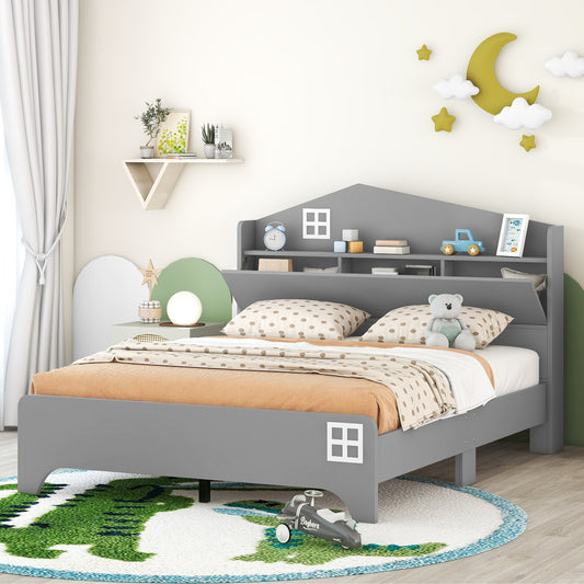 Wooden Full Size House Platform Bed with Storage Headboard ,Kids Bed with Storage Shelf,Grey