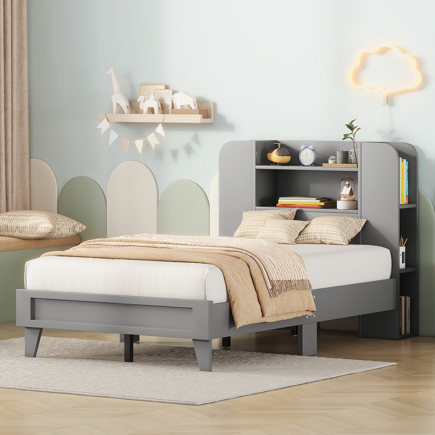 Twin Size Platform Bed with Storage Headboard,Multiple Storage Shelves on Both Sides,Grey