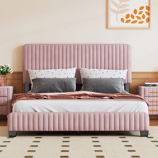 Queen Size Upholstered Platform Bed,No Box Spring Needed, Velvet Fabric,Pink