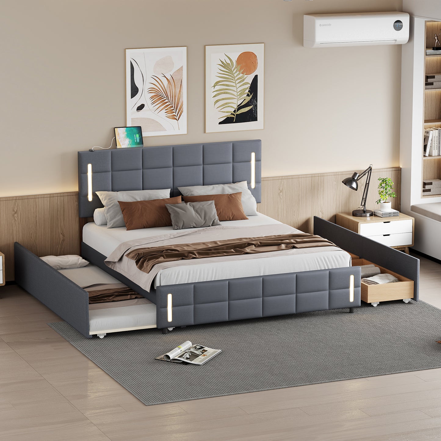 Queen Size Upholstered Platform Bed with Trundle and Drawers, Gray