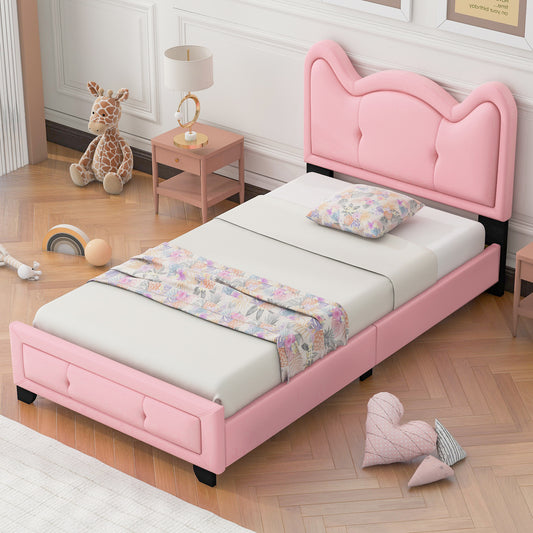 Twin Size Upholstered Platform Bed with Carton Ears Shaped Headboard, Pink