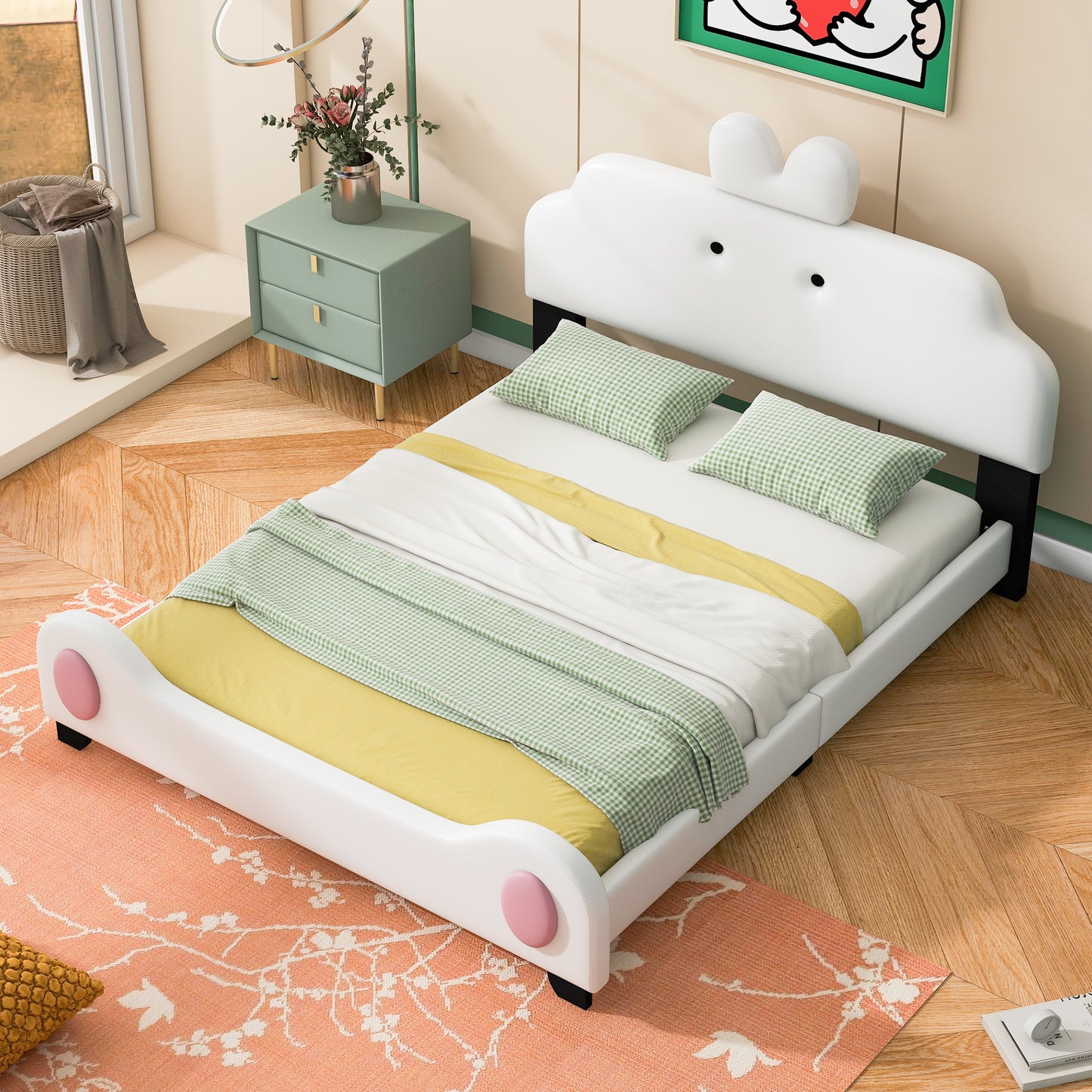 Full Size Upholstered Platform Bed with Cartoon Headboard and Footboard, White+Pink