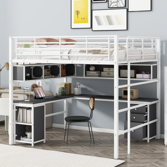 Metal Loft Bed with bookcase, desk and cabinet, Full, White