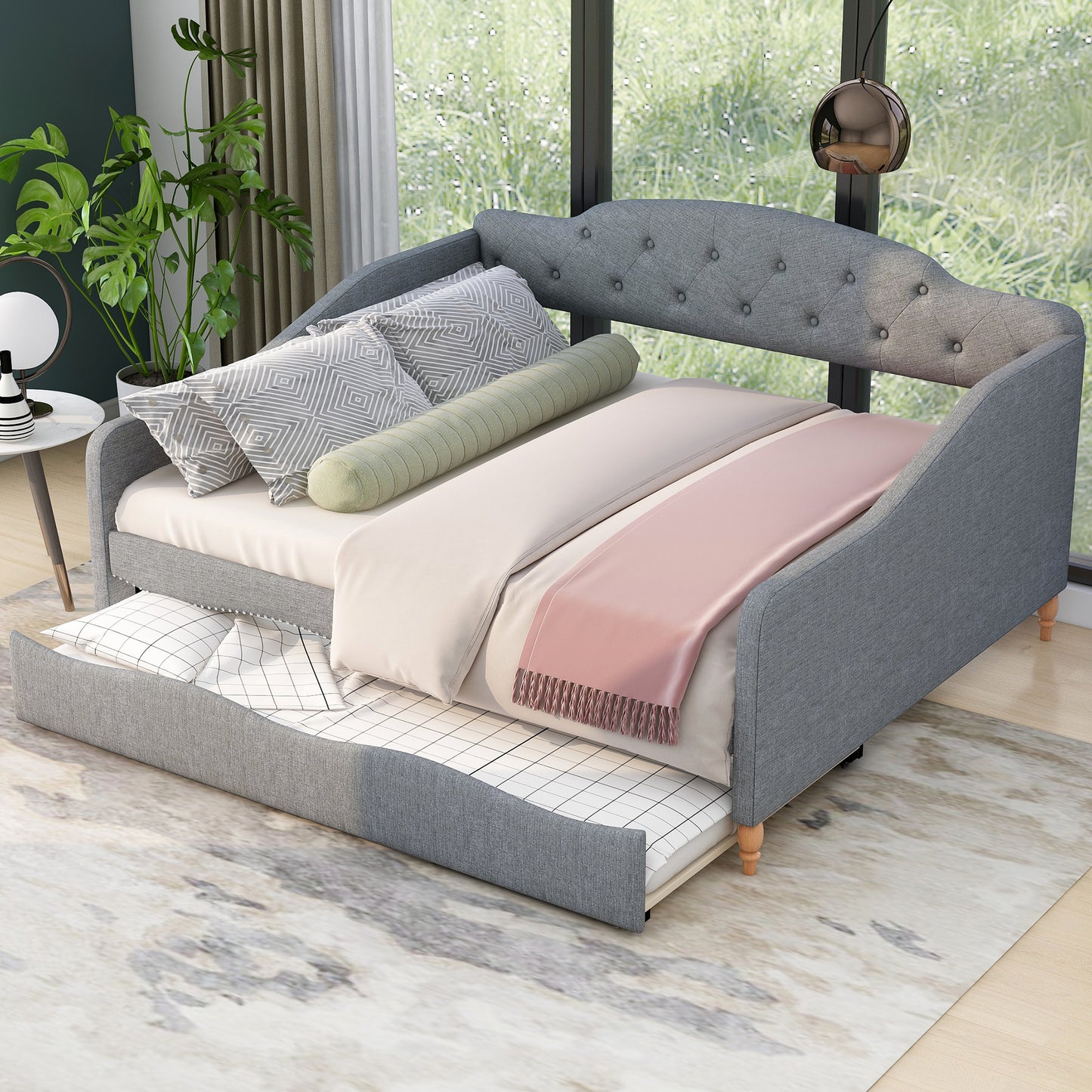 Full Size Vintage Upholstery Daybed with Trundle,Gray