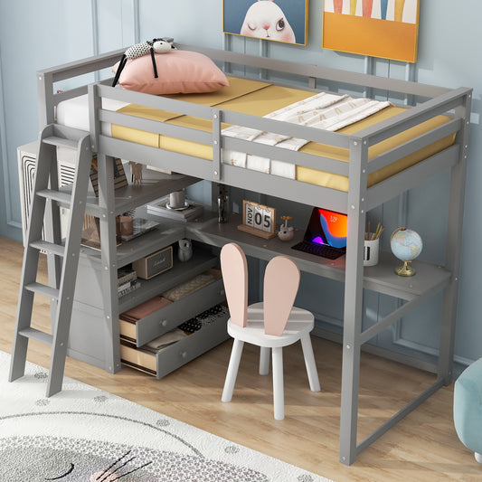 Twin Size Loft Bed with Desk and Shelves, Two Built-in Drawers, Gray