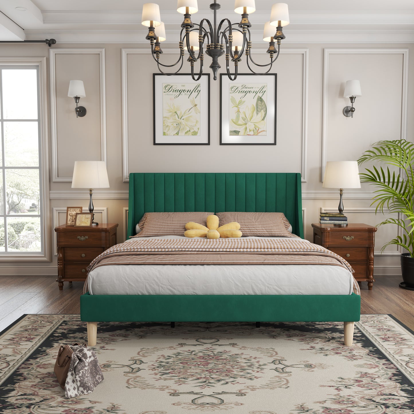 Full Size Frame Platform Bed with Upholstered Headboard and Slat Support, Heavy Duty Mattress Foundation, No Box Spring Required, Easy to Assemble,Green