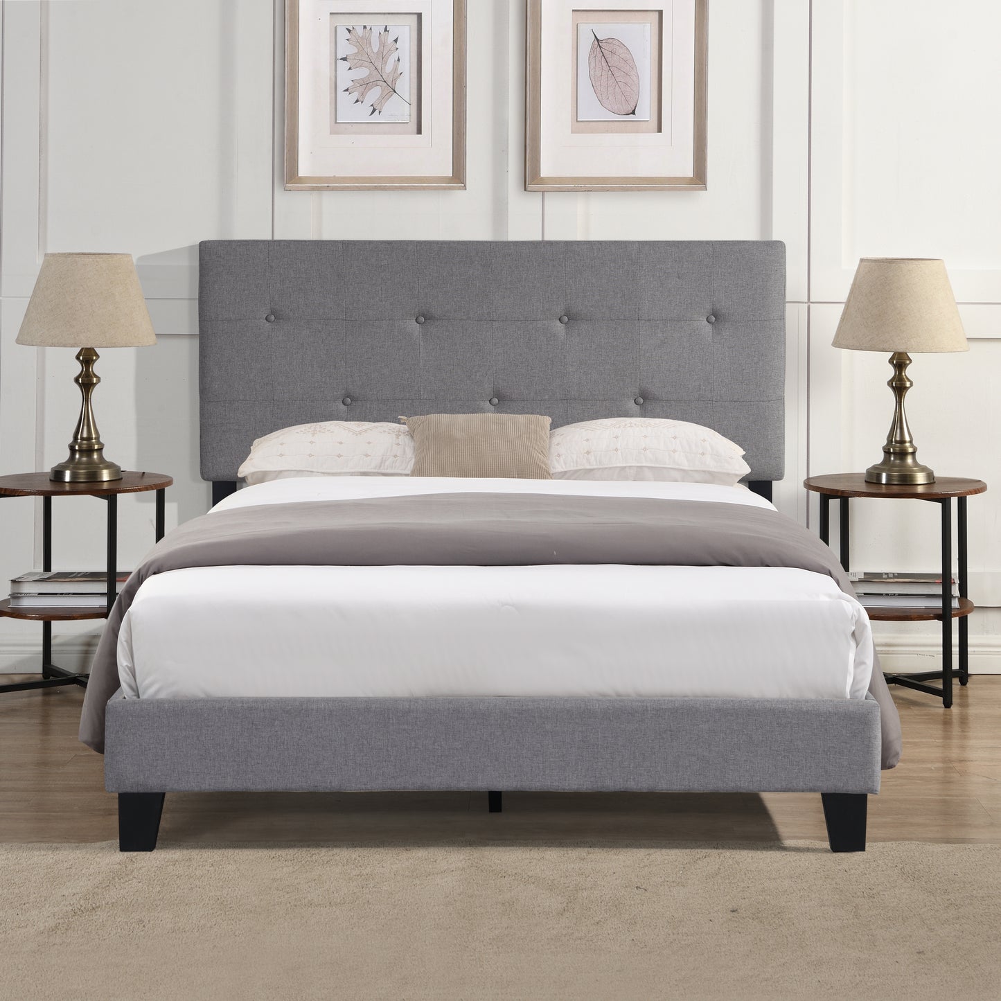 Queen Size Upholstered Platform Bed Frame with Button Tufted Linen Fabric Headboard, No Box Spring Needed, Wood Slat Support, Easy Assembly,  Gray