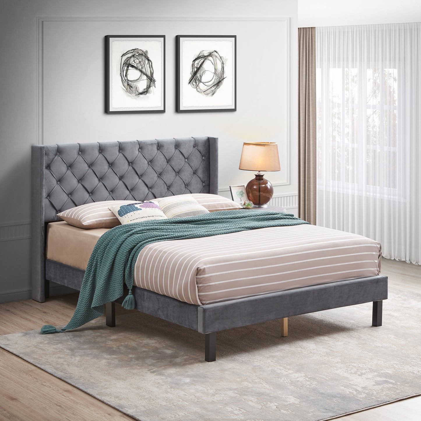 Velvet Button Tufted-Upholstered Bed with Wings Design - Strong Wood Slat Support - Easy Assembly - Gray, Queen, platform bed